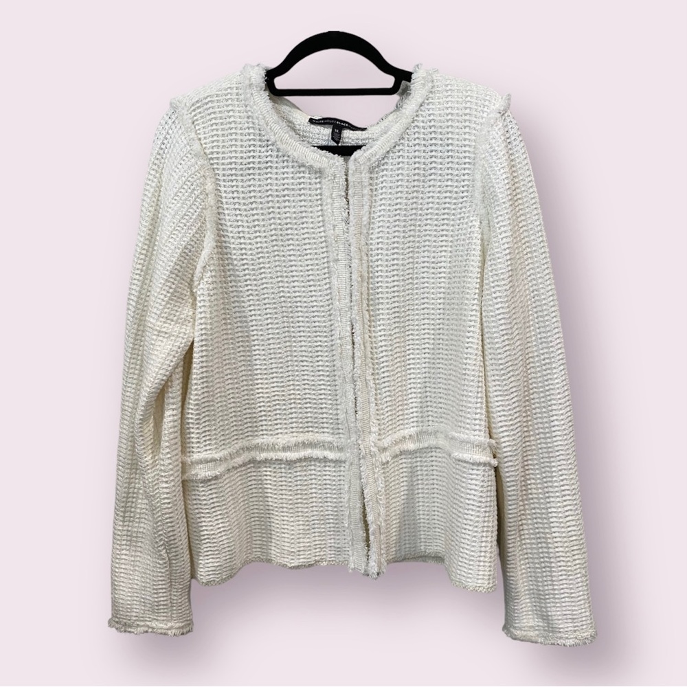 White House Black Market Cream Textured Fringe-Trim Knit Blazer